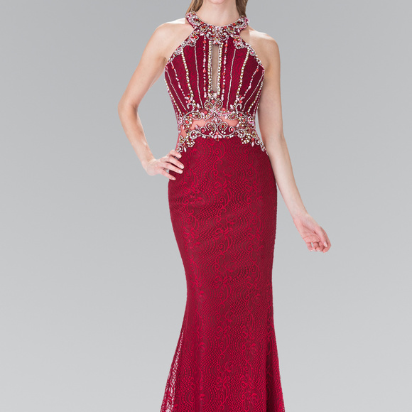 Halter-Neck Long Dress with Illusion Waist GL2275